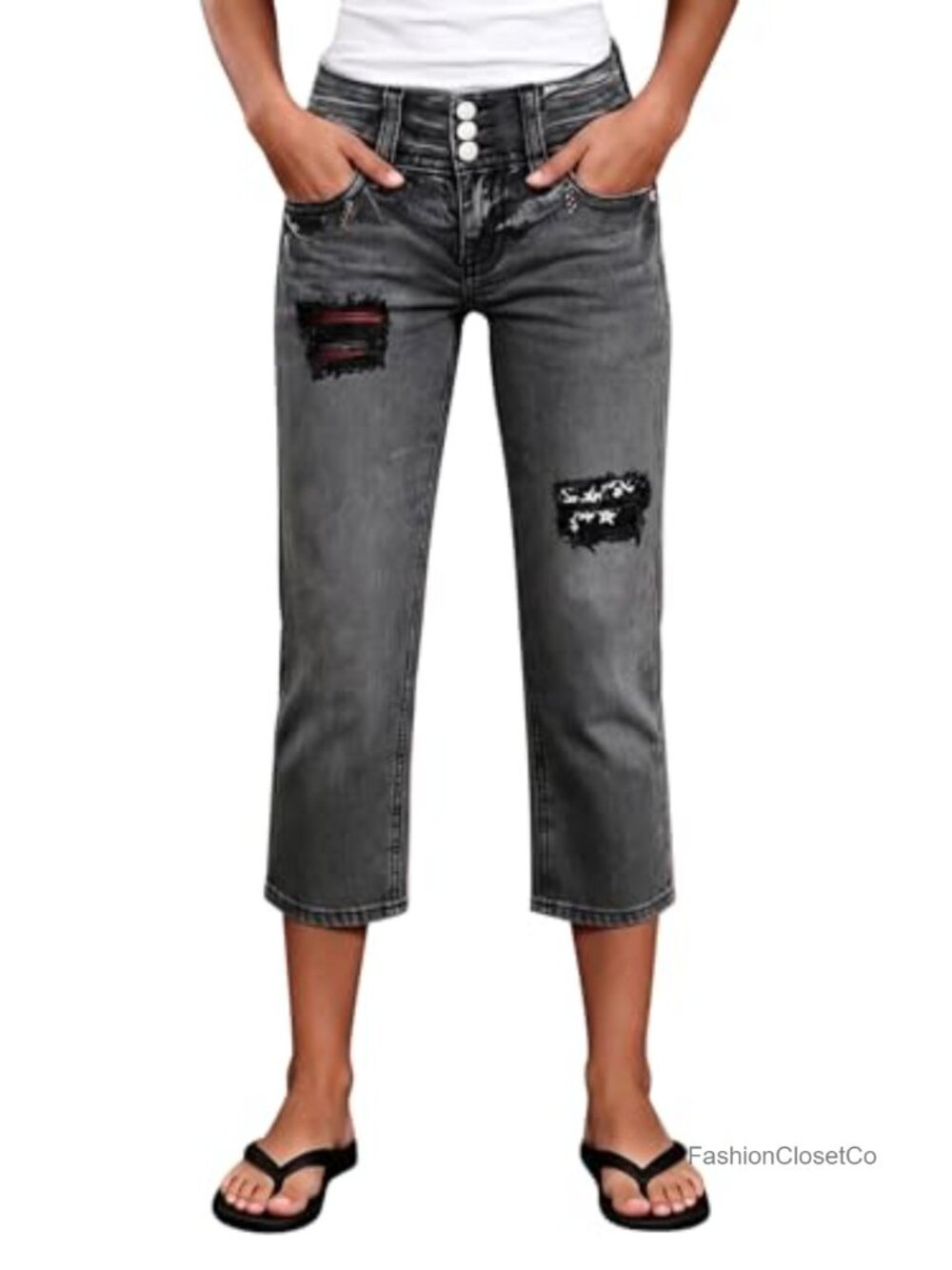 High Rise Straight Leg Capri Jeans Star Embroidered Ripped Distressed Denim